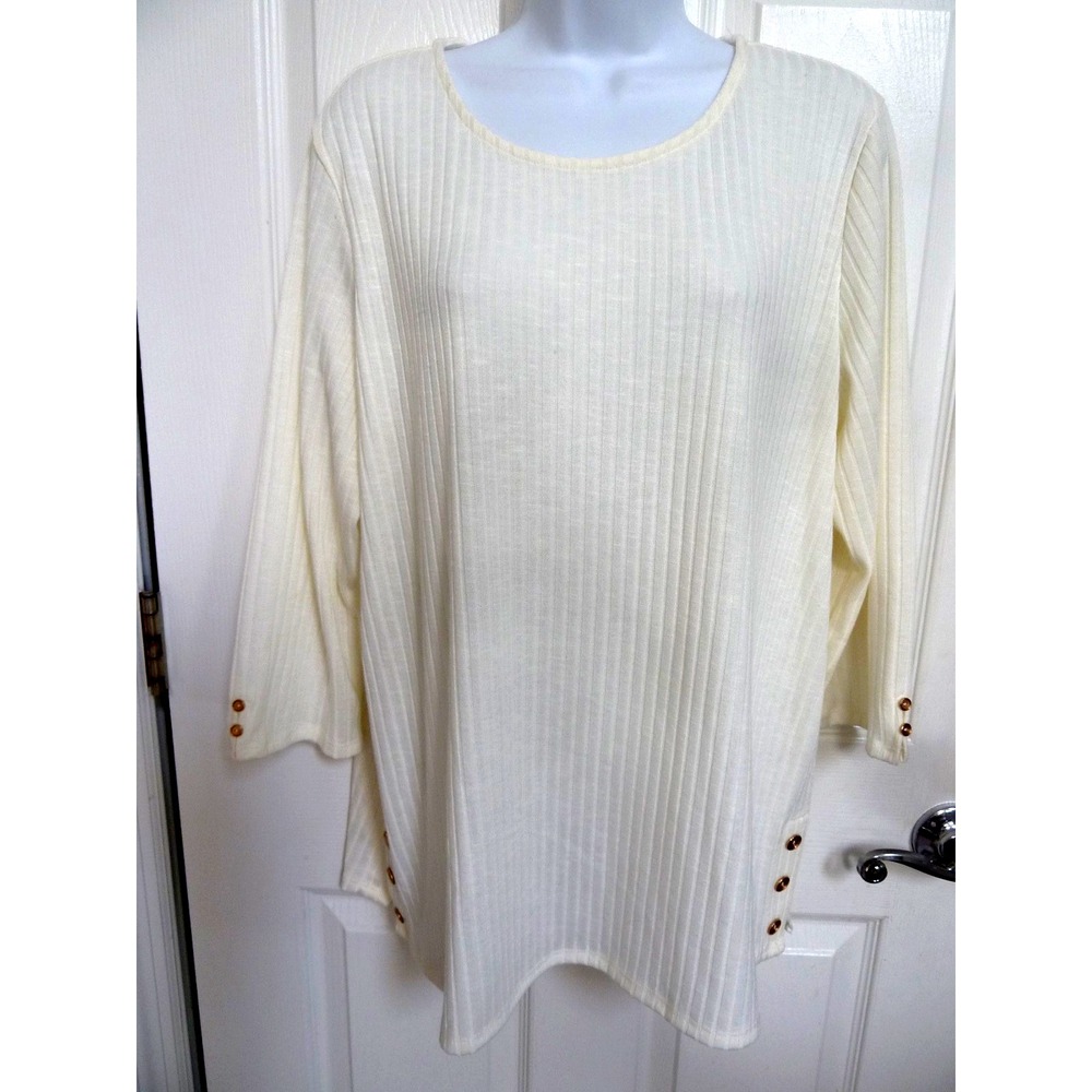 Alfred Dunner Women Large Off-White Ribbed Tunic Sweater Button Accents Career